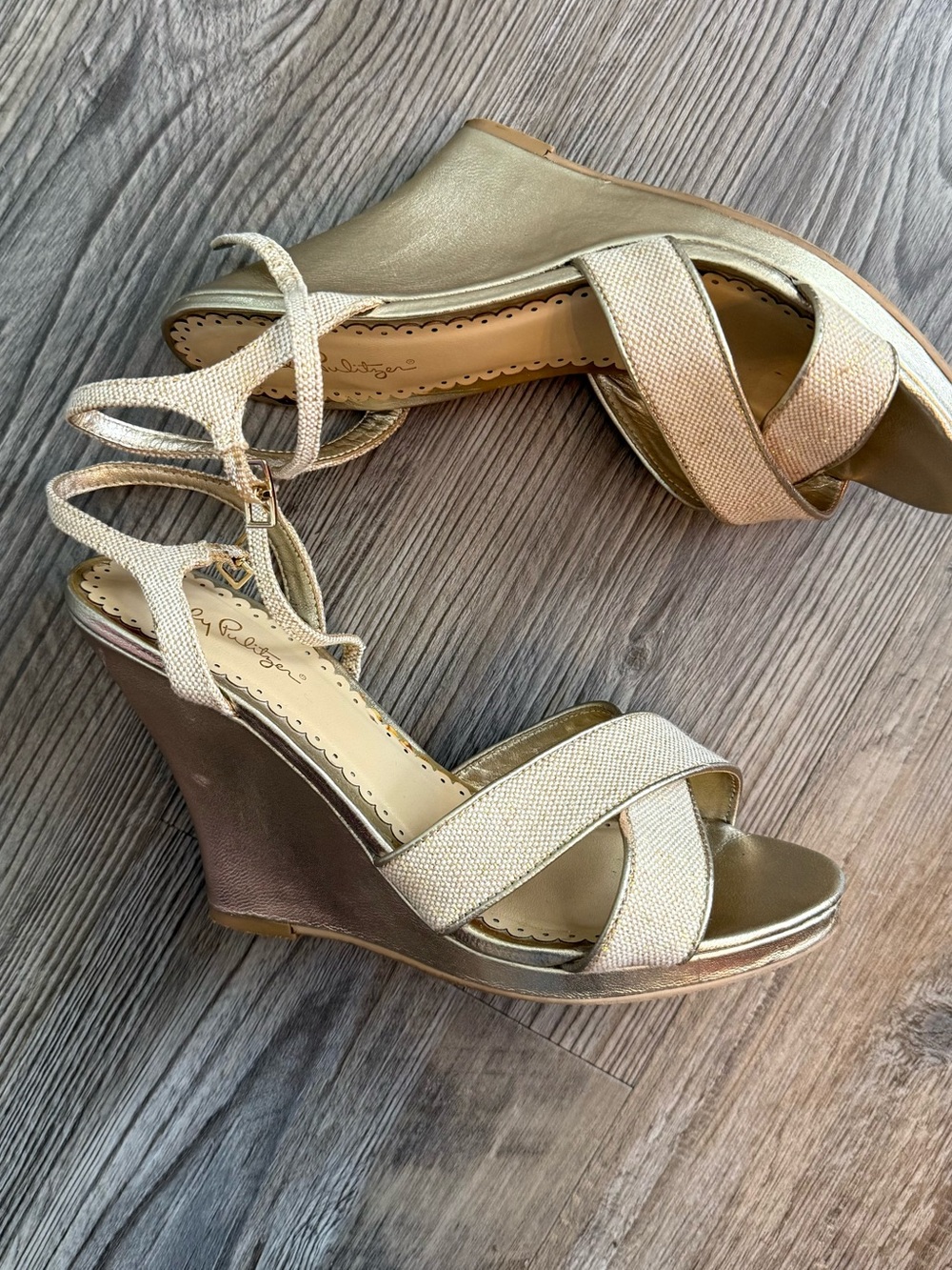 Lilly Pulitzer Metallic Gold Crisscross Wedge Sandals